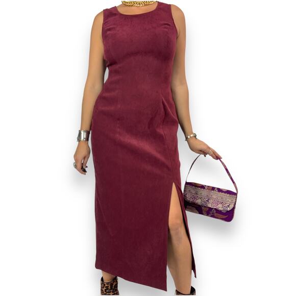 90's maroon microfiber suede dress with slit by R.J. & CO. - Picture 2 of 10